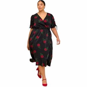 Torrid Black Midi Dress with Red Floral Design